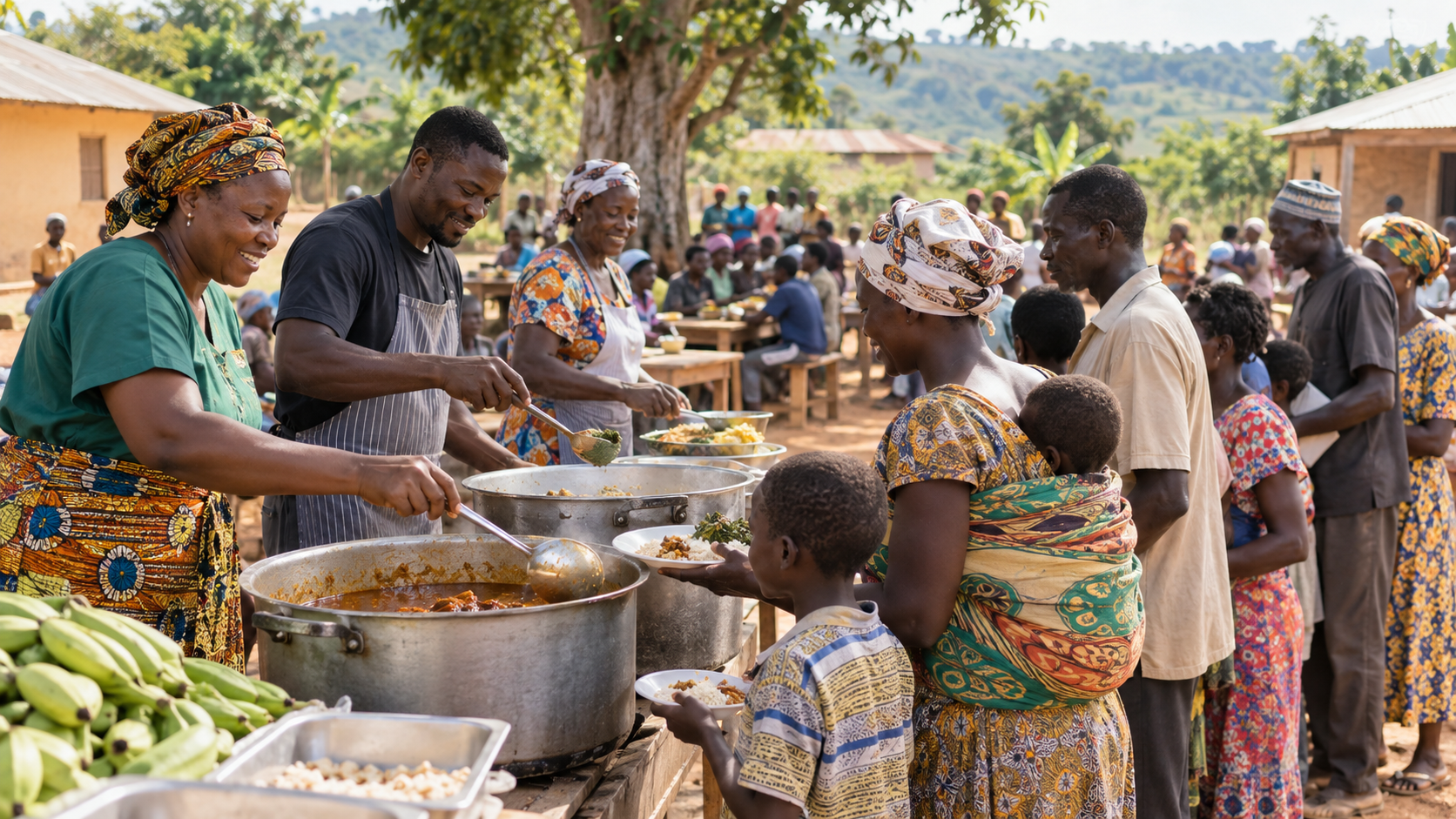 Illustrative community meal service in a Ghanaian village setting.