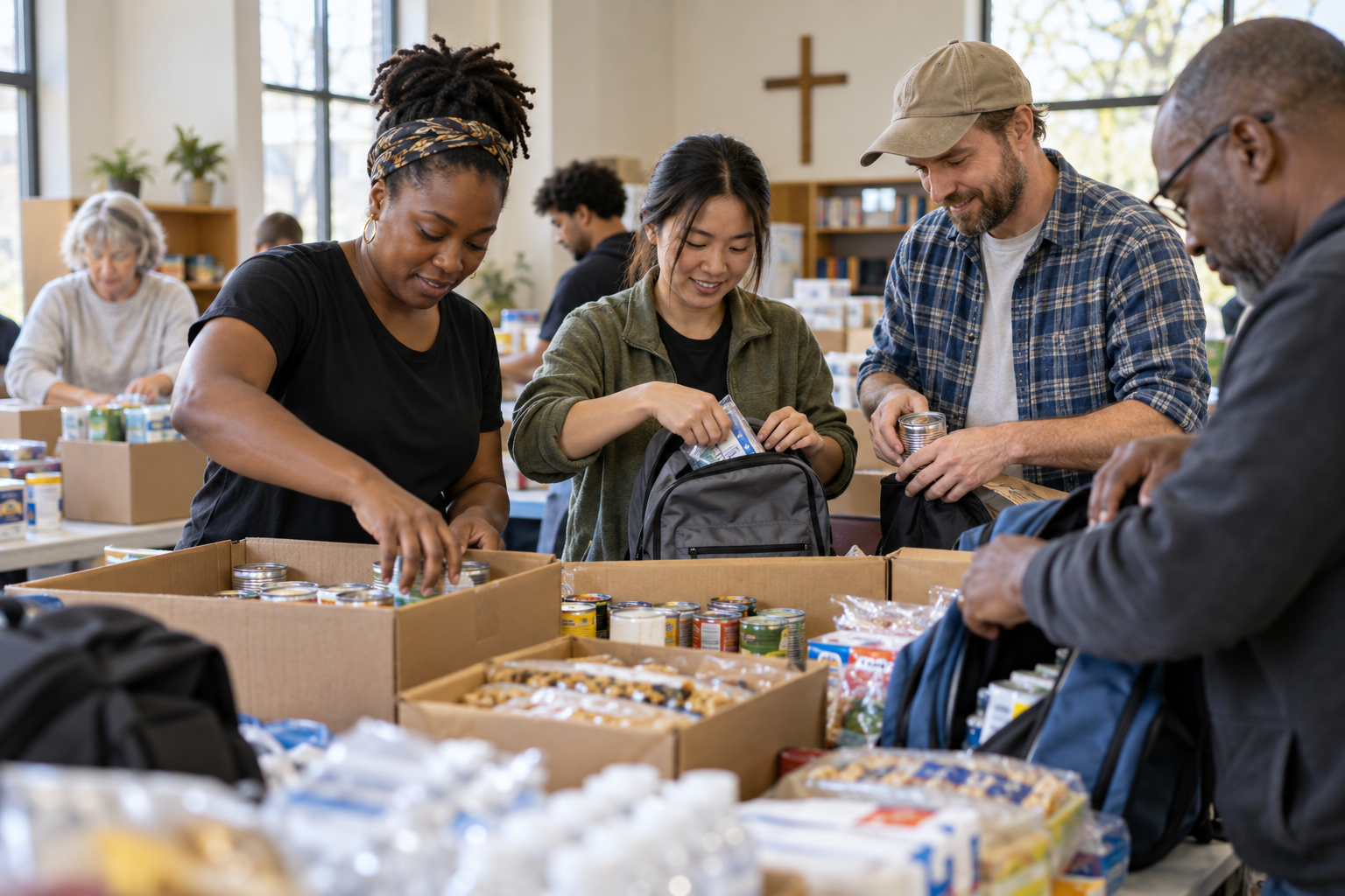 Volunteers preparing food and backpacks for neighbors